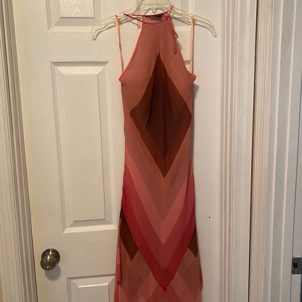 Geometric pink and brown midi dress.